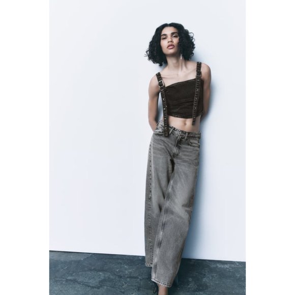 NWT TRF BUCKLED DENIM TOP, BLACK WASHED SMALL - Picture 4 of 11